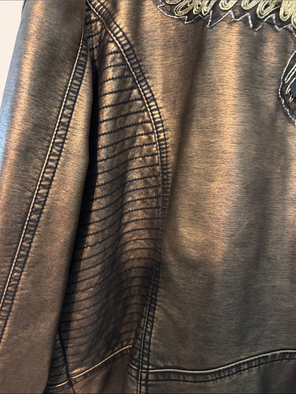 Sheryl Crow Metallic Bronze Vegan Leather Jacket with Thunderbird - Picture 8 of 8